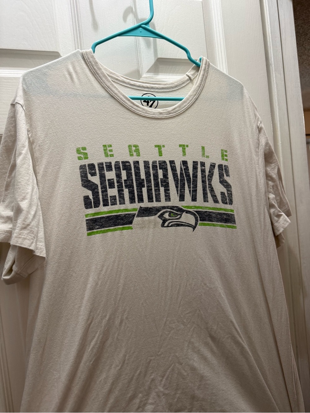 '47 Seattle Seahawks White Tee with Navy and Neon Green Graphic
